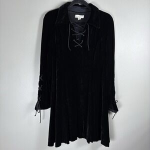 VTG Anne‎ Klein Women's 12 Black Velvet Side Zip Lace Up Detail Fit Flare Dress